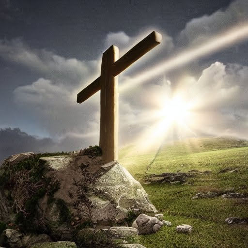 Imagine an image that features an empty tomb with the stone rolled away, signifying Jesus' resurrection. Rays of light are breaking through the darkness, symbolizing the living hope that emerged from Christ's victory over death. In the foreground, a believer stands with arms raised in praise, representing faith in the resurrected Savior. In the background, a cross is visible atop a hill, reminding us of the sacrifice Jesus made for our salvation. 