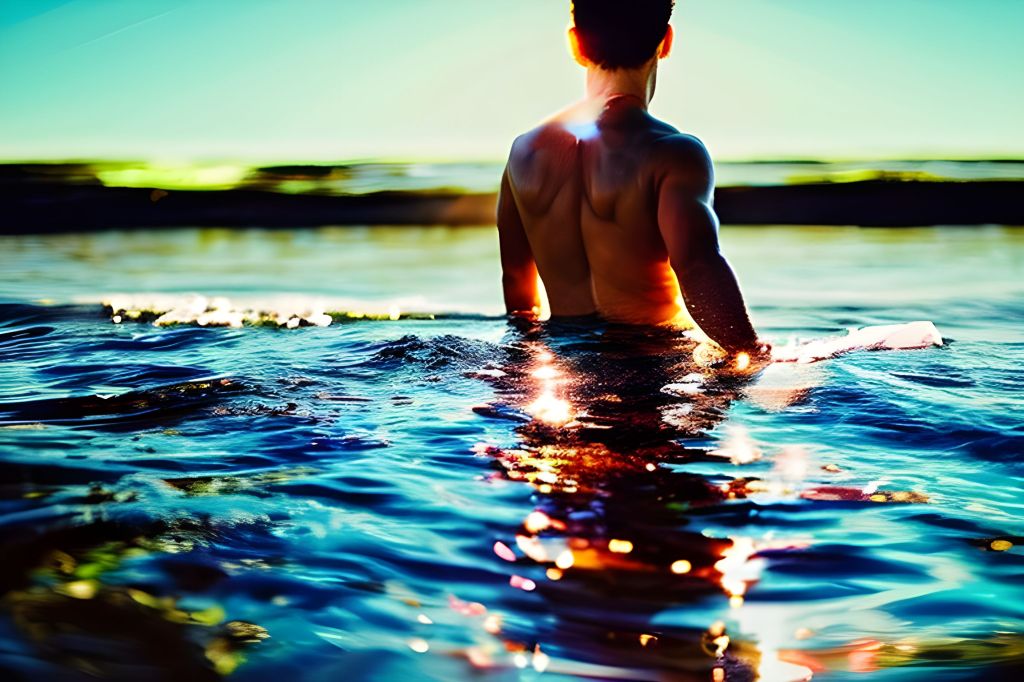 Embark on a journey of personal transformation with this captivating image. A person stands at the water's edge, ready to immerse themselves in its depths, symbolizing the shedding of the past. As they emerge from the water, a radiant light surrounds them, representing the embrace of new beginnings and growth. The image captures the profound moment of rebirth and the freedom that comes from embracing change. Let this visual testament of personal growth inspire us to embrace transformative experiences and embrace the opportunities they bring.